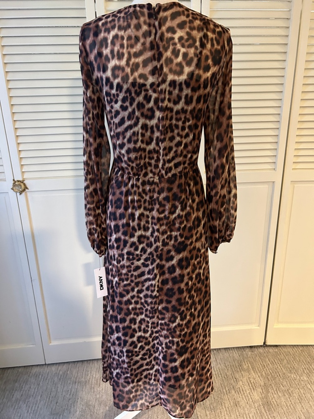NWT DKNY Brown Leopard-Print Long Sleeve  Midi Dress - Picture 6 of 11